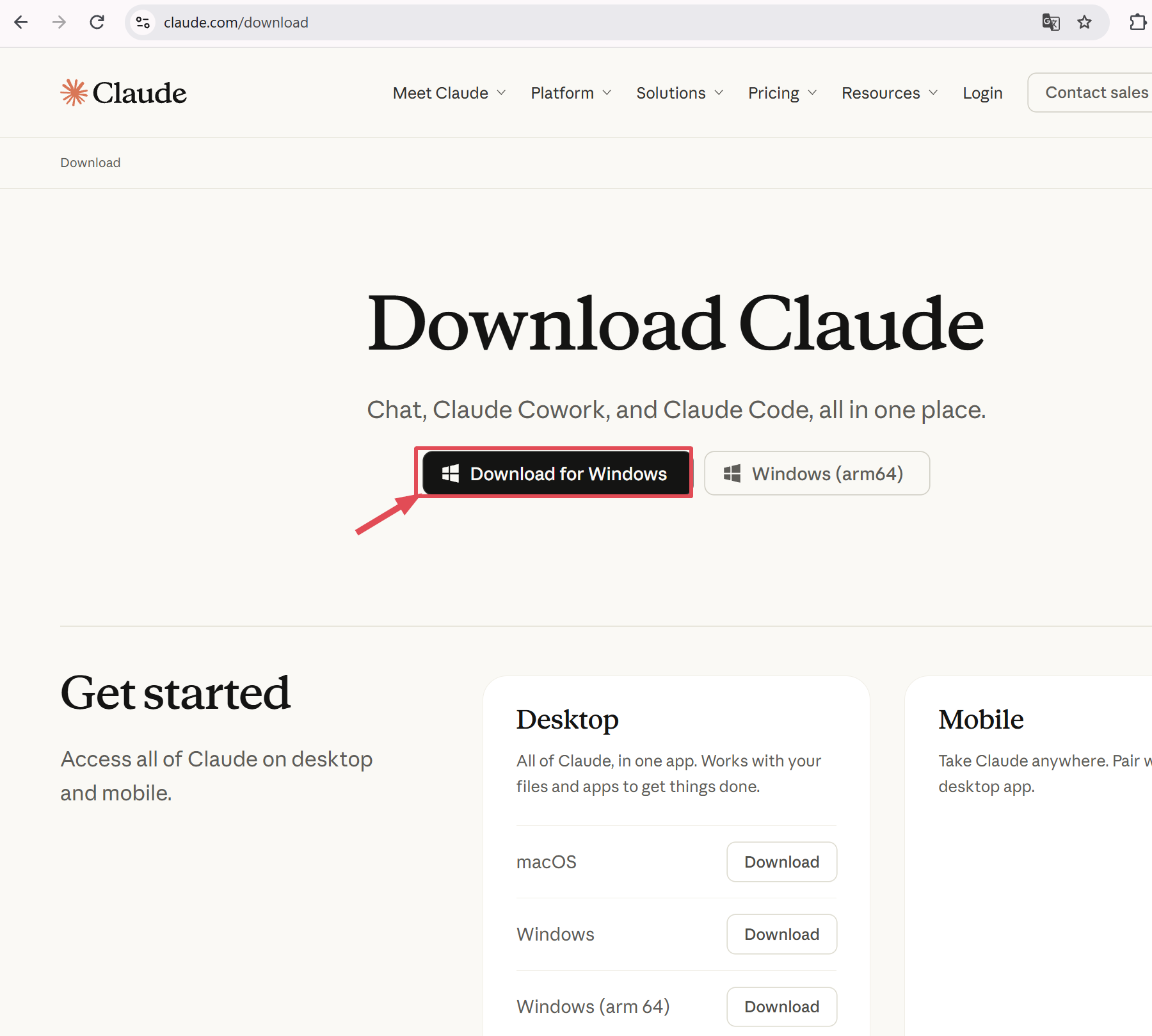 Claude公式ダウンロードページで、Windows版のダウンロードボタンを選ぶ画面
